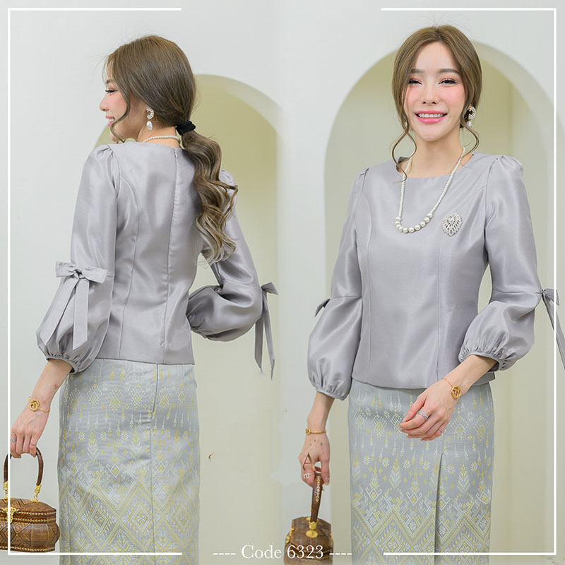 kudapy เสื้อผ้าไหมจิตรลดาสีครีม เทา น้ำเงิน งานแขนบอลลูนแต่งโปบว์ตัวเสื้ออัดกาวทั้งตัว และมีซับในให้ มาพร้อมชิปซ่อนหลังใส่สบาย