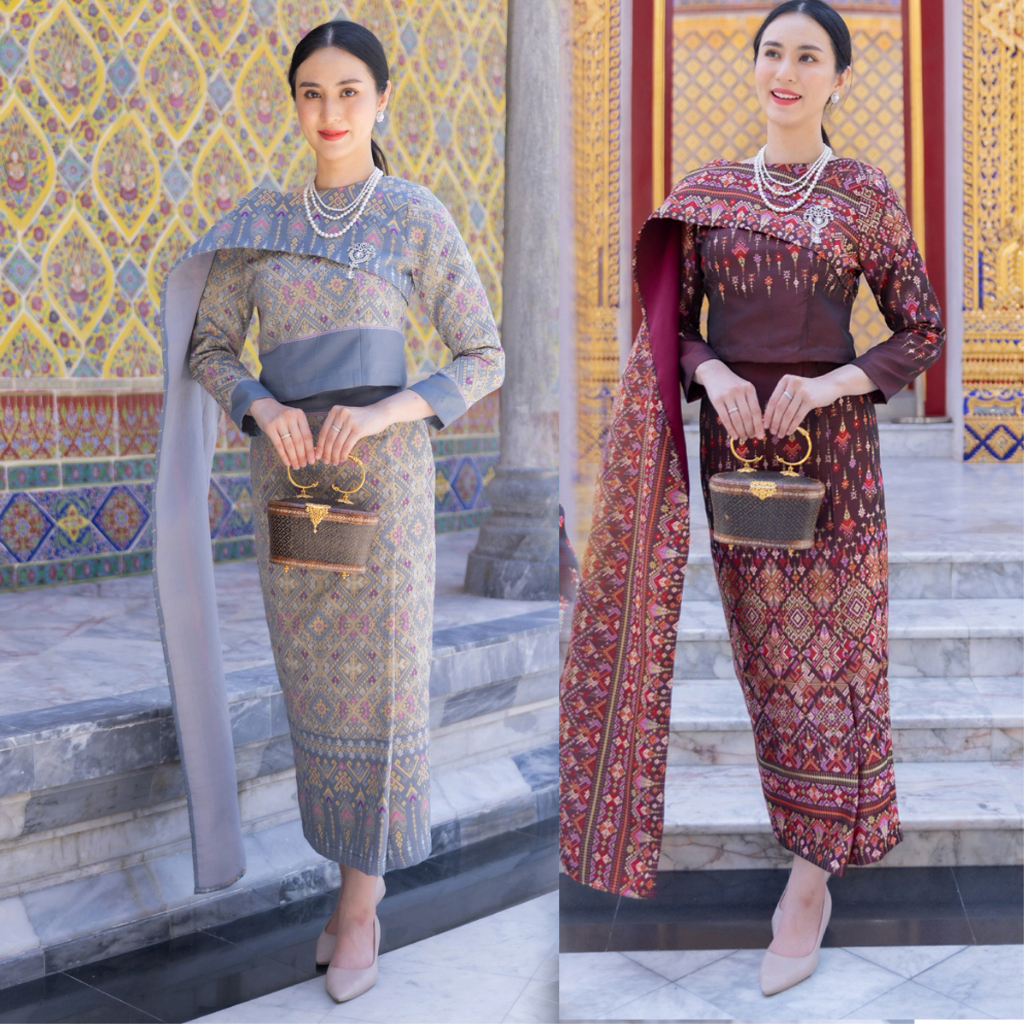 kudapy ชุดผ้าไหมทอลายสีแดง สีเทา ชุดออกงาน ไปวัด ทำบุญ - รุ่นละอองดาว แต่งสไบ