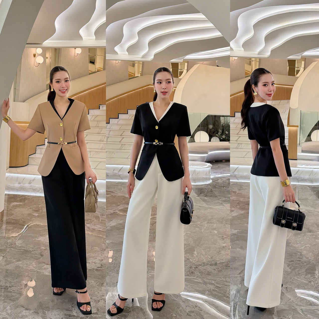 kudapy ชุดทำงานลุคเรียบหรู สไตล์มินิมอล พร้อมดีเทลคอวีเข้ารูปช่วยให้ช่วงคอดูยาวและเรียว