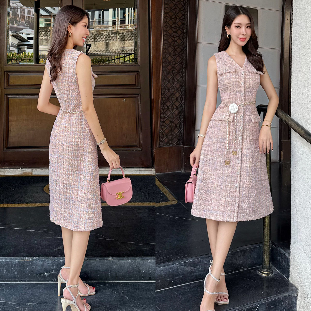 kudapy เดรสสั้นสีชมพูอ่อน ผ้าทวิตทอลาย ใช้ผ้าทอลายสลับสีม่วงชมพูดิ้นทอง ทำให้ผสมออกมามีความพาสเทลอมชมพูอ่อนๆ ตกแต่งกระดุมดอกคามิเลีย