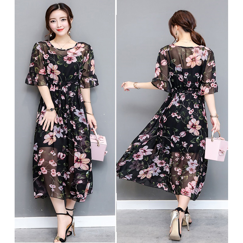 kudapy เดรสยาวสีดำ ผ้าชีฟองพิมพ์ลายดอกม่วง (มีสายเดี่ยวซับใน) มีเชือกรูดปรับขนาดตรงเอวได้