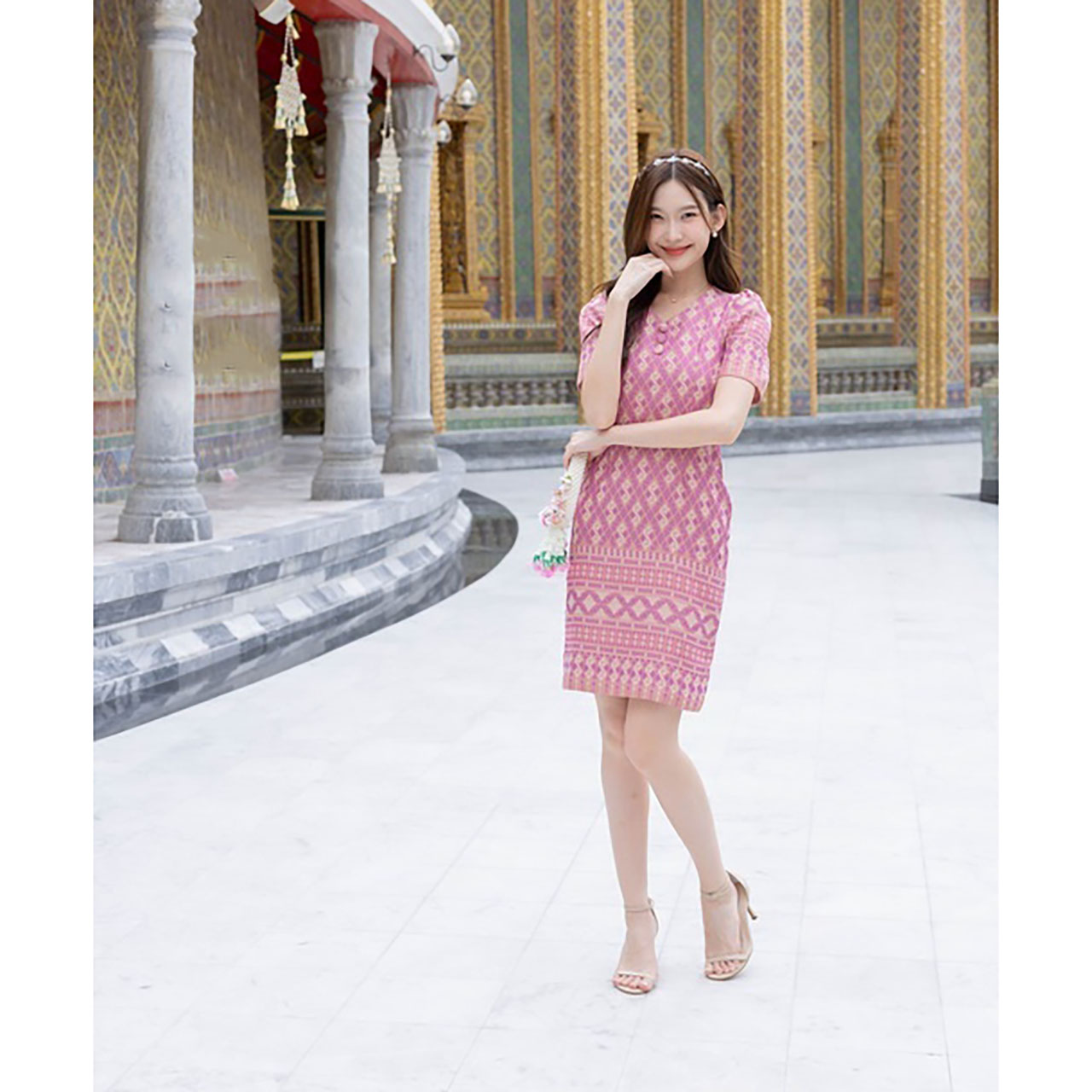 kudapy เดรสสั้นสีชมพู/สีม่วง ผ้าไทยทรงสอบกระดุม3เม็ด