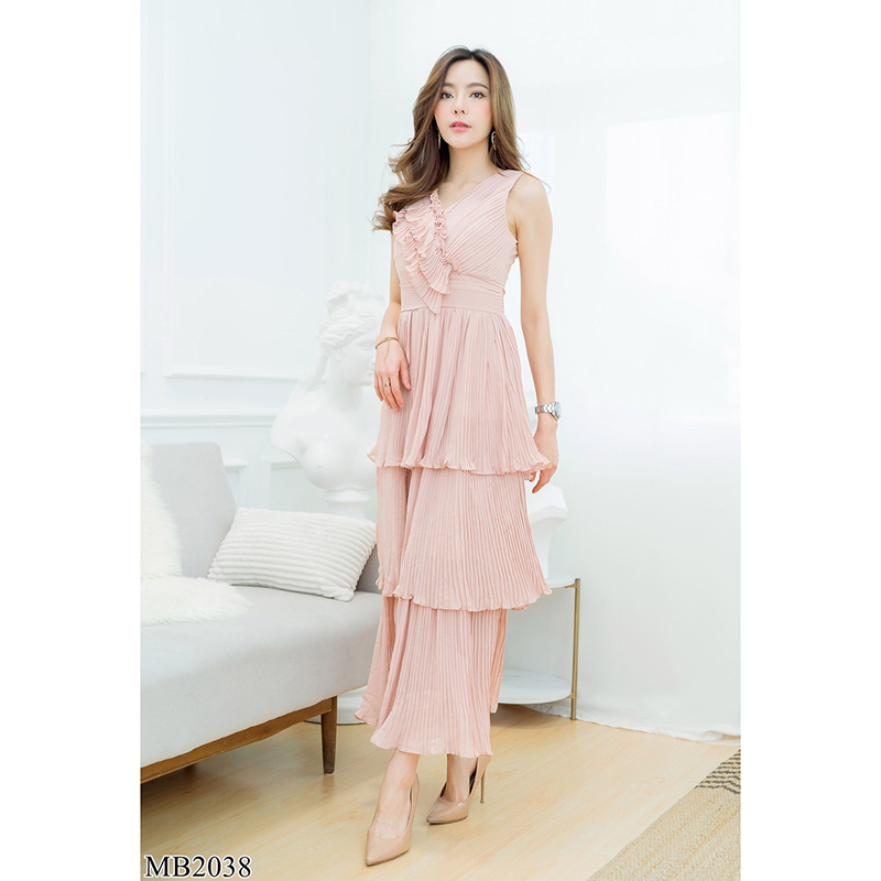 kudapy เดรสยาวสีชมพู/สีขาว แขนกุดกระโปรงพีท 3 ชั้น