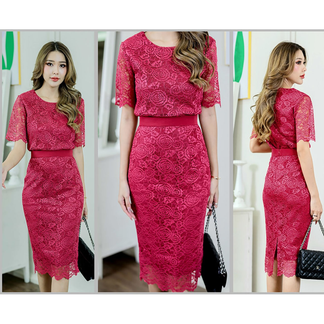 kudapy ชุดเซ็ทเสื้อ+กระโปรงสั้นสีเขียว/ฟ้า/แดง/ชมพู/ขาว ผ้าลูกไม้แขนสั้น คอกลม ใส่ออกงาน ใส่ทำงาน