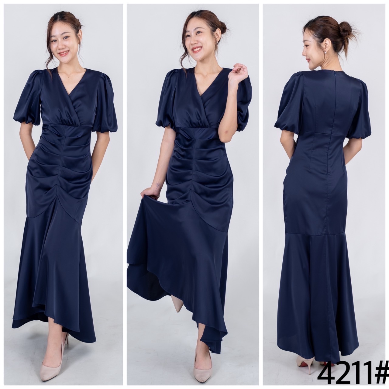 kudapy เดรสยาวทรงคอวี แขนพอง เอวสูง เข้ารูป จับเดรปย่นพรางหน้าท้อง ปลายหางปลาระบาย เนื้อผ้า เกรซซาติน