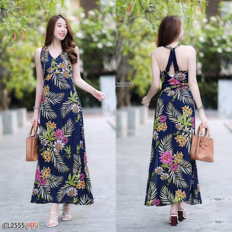 kudapy เดรสยาวสีขาว/สีดำๅสีกรม ลายใบมะพร้าว ผ้าสปันนิ่มๆคอวี ดีเทลด้านหลังไขว้น่ารักมาก