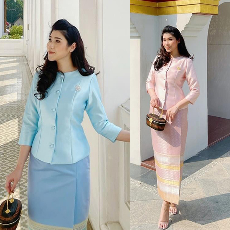 kudapy เสื้อผ้าไหมทรงจิตรลดา สีชมพู สีฟ้า ตัวเสื้อทางร้านใช้ผ้าไหมอย่างดี มีซับในทั้งตัว (ราคาเฉพาะเสื้อนะคะ)