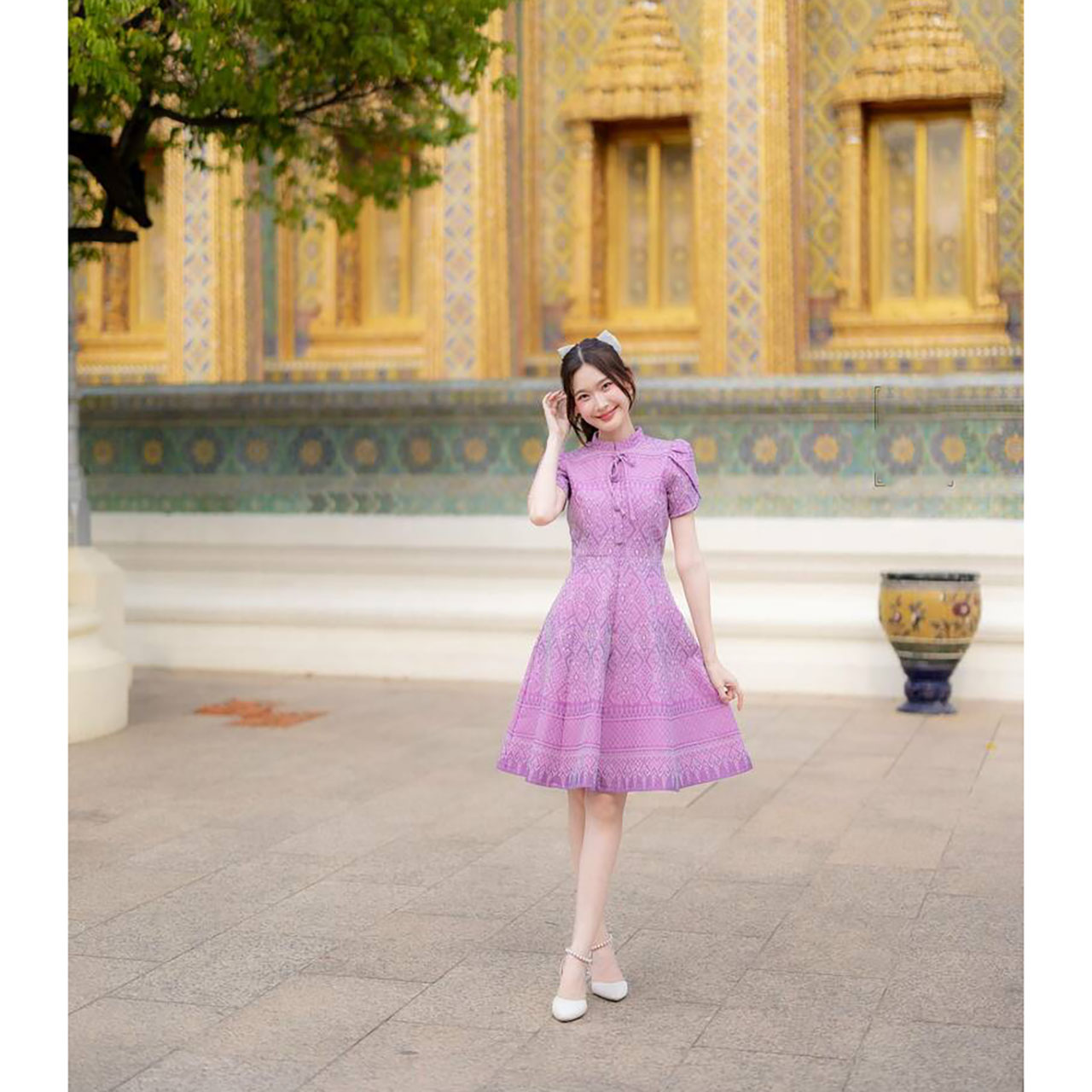 kudapy เดรสสั้นสีม่วง/สีเทา/สีเหลือง เดรสไทยทรงบานแขนกลีบบัว