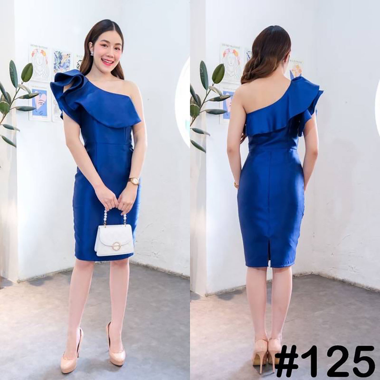 kudapy เดรสสั้นสีขียวอมเทา,ชมพู,ฟ้า,แดง,ทอง,เทา,กรม ,เขียว บ่าเดี่ยว จับเดรปแขน สองชั้น ระบายจีบช่วงอก