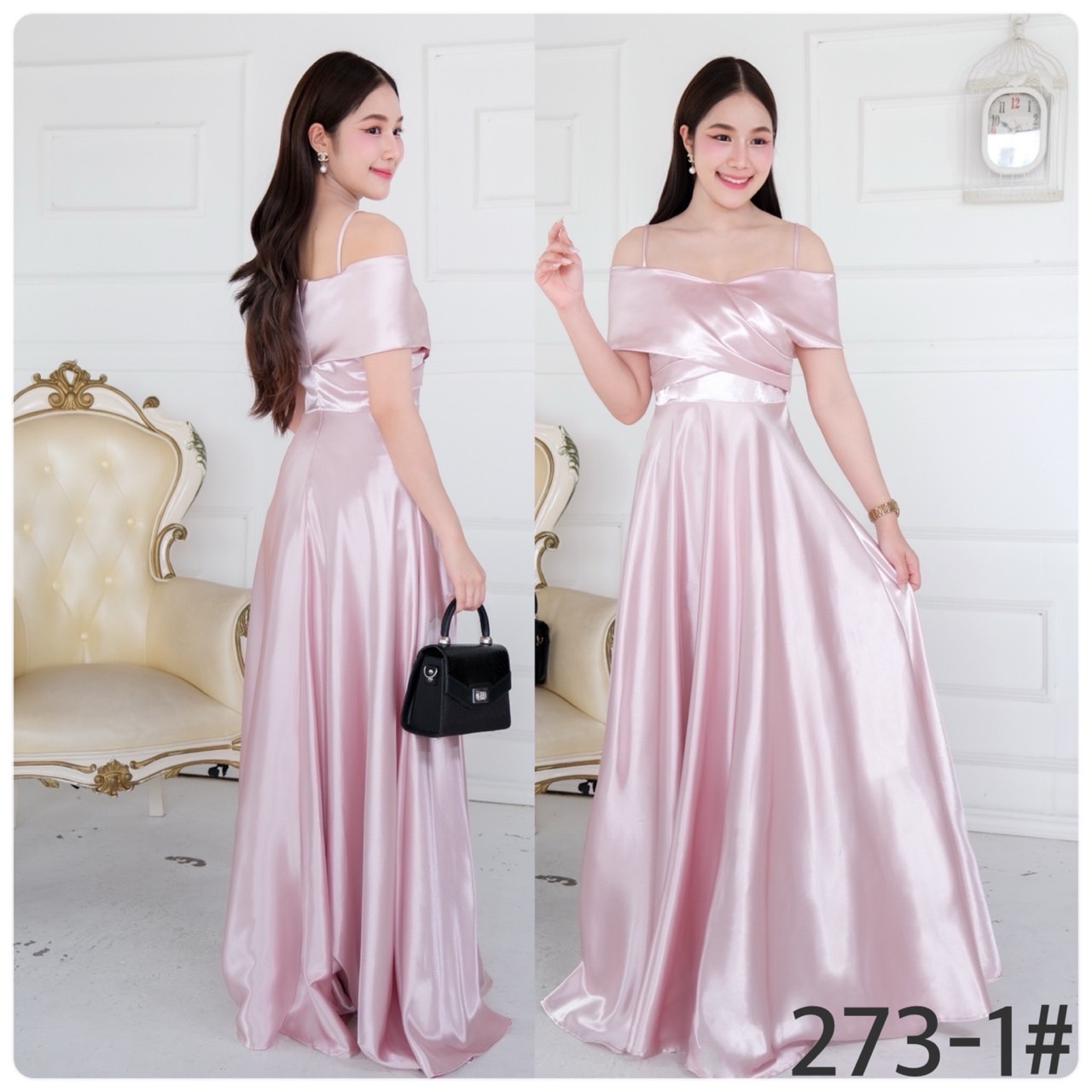 kudapy เดรสยาว เปิดบ่า สายเดี่ยวอกไขว้ กระโปรงบานเจ้าหญิง ผ้าซาติน ใส่ออกงานสวยดูดี