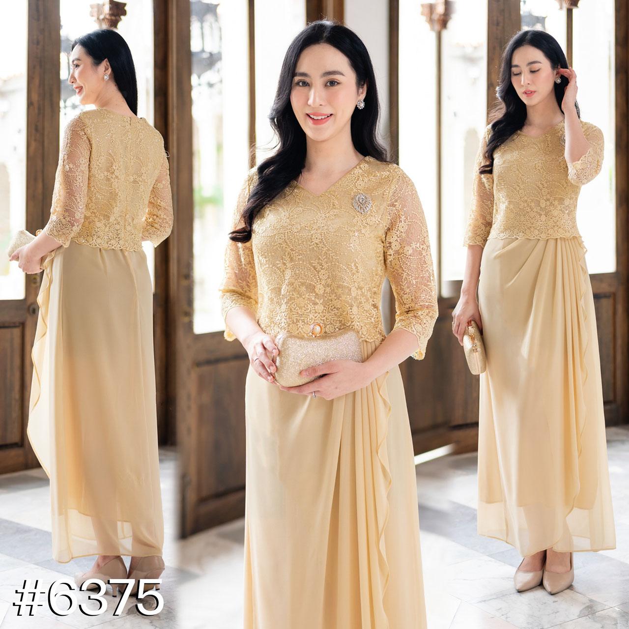 kudapy เดรสยาวสีชมพู/สีครีม/สีชมพูกะปิ เดรสออกงานตัวเสื้อลูกไม้ใยบวบทอแน่น ลูกไม้ปักเลื่อม ตัวกระโปรงจับจีบเป็นผ้าชีฟอง2ชั้น