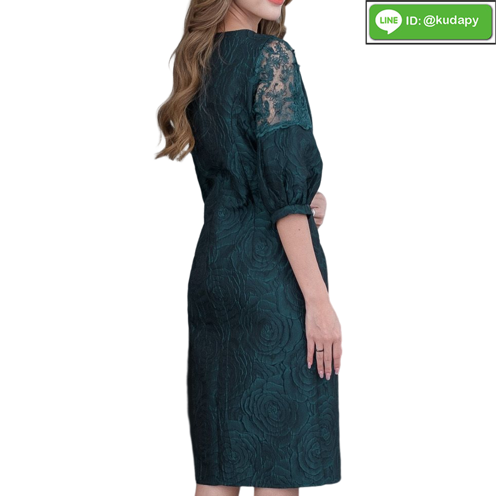kudapy เดรสสั้นบอลลูนสีเขียวเข้ม ทรงสวยสุดฮอต ผ้าลายกุหลาบสวยสะดุดตามาก มีซับใน ซิบหลังจร้า