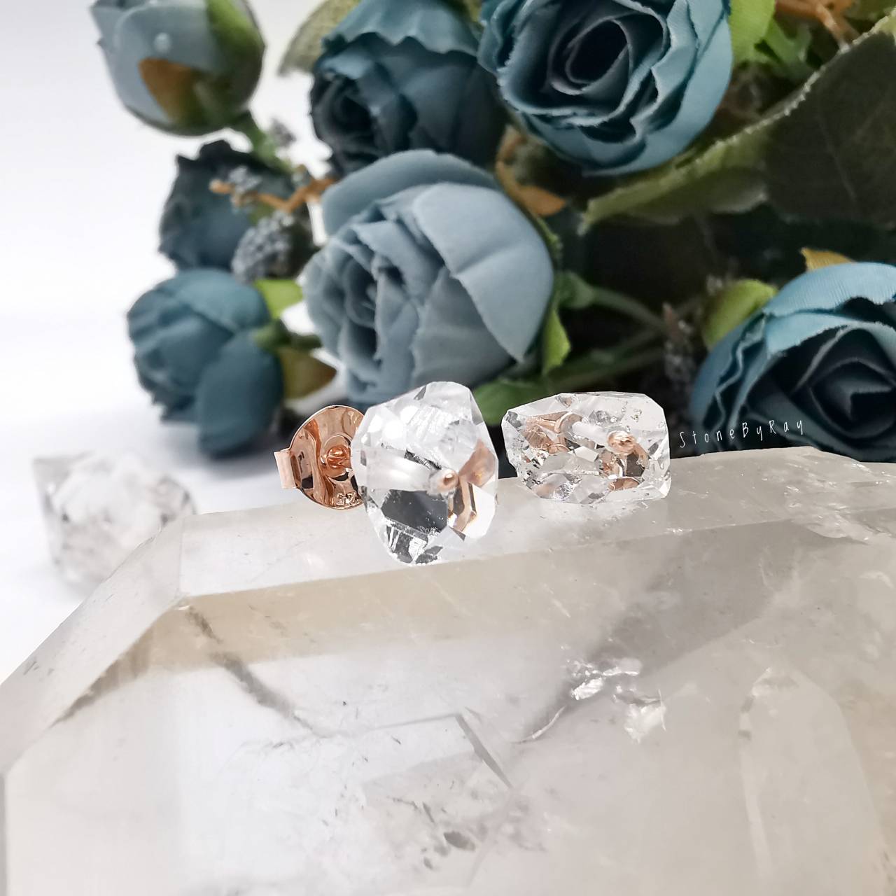 ต่างหูเงินชุบพิ้งโกลด์หินเฮอร์คิเมอร์ไดม่อน Herkimer Diamond