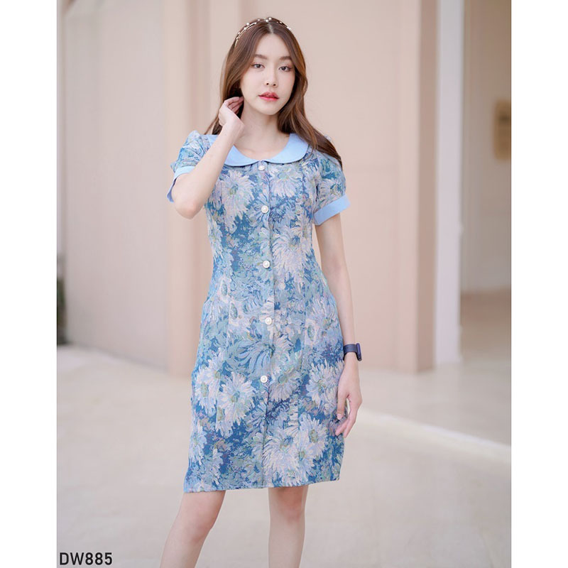 kudapy เดรสสั้นสีแดง/สีฟ้า คอบัวลูกไม้ผ้าทอ
