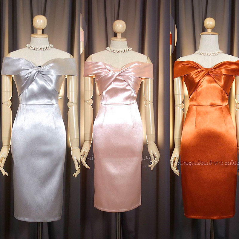 kudapy เดรสสั้นสีส้มอิฐ/สีทองโรสโกลด์/สีเทา เปิดบ่าทวิชอก กระโปรงสอบ ซิปหลังใส่ง่าย เนื้อผ้าดัชเชสอัดกาว