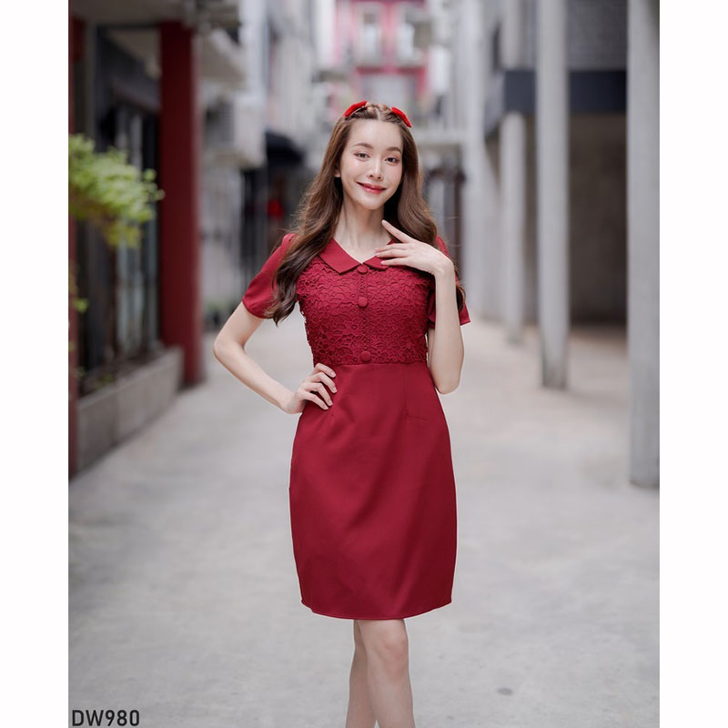 kudapy เดรสสั้นสีแดง ผ้าทออกลูกไม้ ใส่ออกงาน ทำงาน สวยดูดี