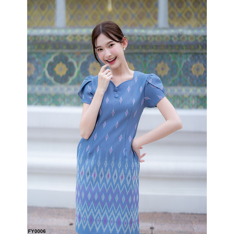 kudapy เดรสสั้นสีฟ้า/สีครีม/สีชมพู ผ้าทอแขนกลีบบัว ผ้าลายไทย ใส่ออกงานสวยดูดี