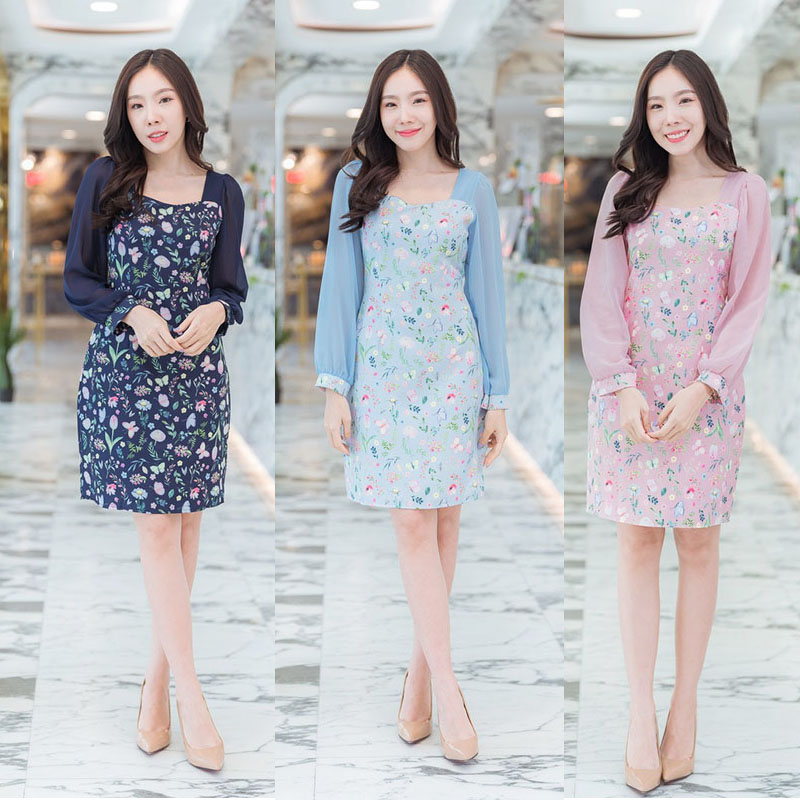 kudapy เดรสสั้นแขนชีฟองจั้มปลาย สีชมพู/สีฟ้า/สีกรม แขนยาวลายดอกไม้ใส่สบายสวยดูดี