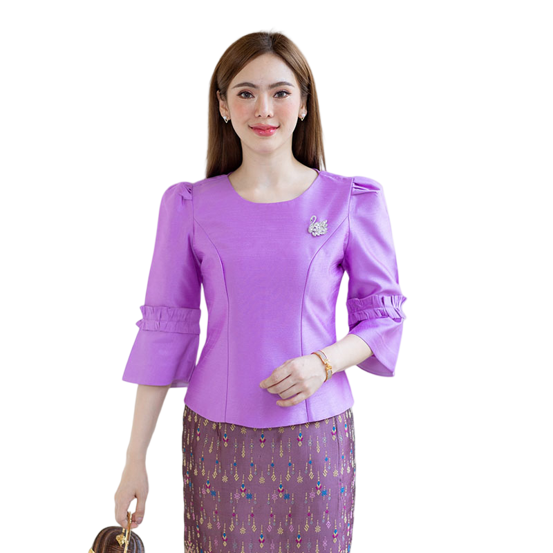 kudapy kudapy เสื้อสีม่วง/สีชมพูกะปิ/สีเทา /สีดำ/สีชมพู เนื้อผ้าทอสวย เนื้อเบา ใส่สบายผิว มีลายเส้นในตัว ใส่คู่กับ ผ้าไทยลายแพรวา หรือ ผ้าลายกวินตาทอสอดดิ้นหรูหรา อัดกาว อยู่ทรง ใส่สวยตามแบบ