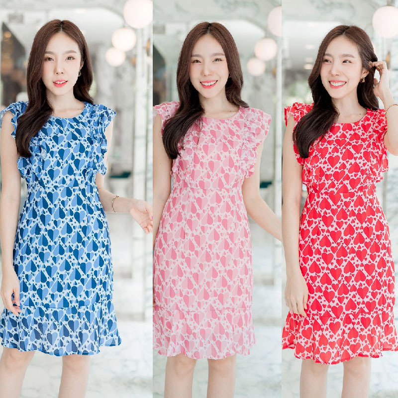 kudapy เดรสสั้นสีแดง/สีชมพุ/สีฟ้า แขนกุดระบายลายหัวใจ