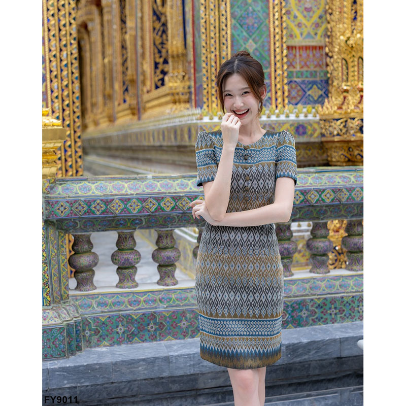 kudapy เดรสสั้นสีเหลือง/สีม่วง ผ้าทอทรงสอบ แต่งกระดุมหน้า ผ้าลายสวย ใส่สบาย ใส่ออกงาน ใส่ทำงานดูดี