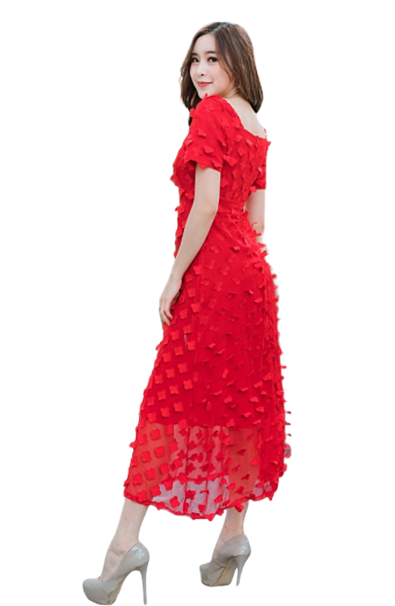 เดรสยาวสีแดงสด พิมพ์ลายดอกจิก ทรงระบาย ซิบหลังแย่างดี S