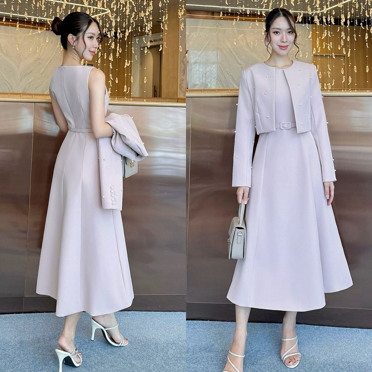 kudapy เซ็ท 3 ชิ้น: เดรสยาว+ครอป+เข็มขัด เสื้อคลุมติดไข่มุก เดรสออกมาให้เข้ารูปเอวสูง มีฟองน้ำในตัว ซิปด้านหลัง