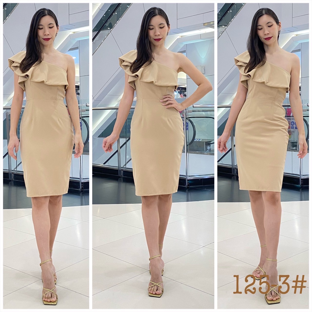 kudapy เดรสสั้นสีชมพูตุ่น ส้มอิฐ ครีมเบจ กรม ขาว น้ำตาล ชมพูอ่อน ผ้าเครปหนา ทรงสอบ บ่าเฉียง ระบายบ่า สองชั้น ซิปข้าง ผ่าหลัง