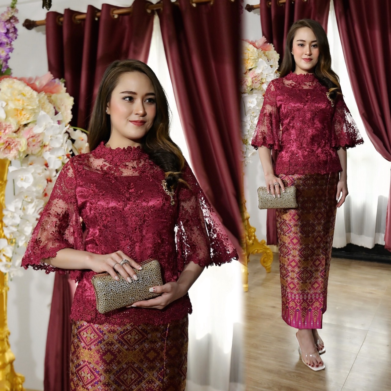 kudapy ชุดเซ็ทเสื้อลูกไม้ใยบวบผสมเลื่อมเกรดพรีเมี่ยม ซิปหลัง +ผ้าถุงงานแพรวา ผ้าไหมทอลายแพรวาทั้งผืน -อัดกาว อบไอน้ำม