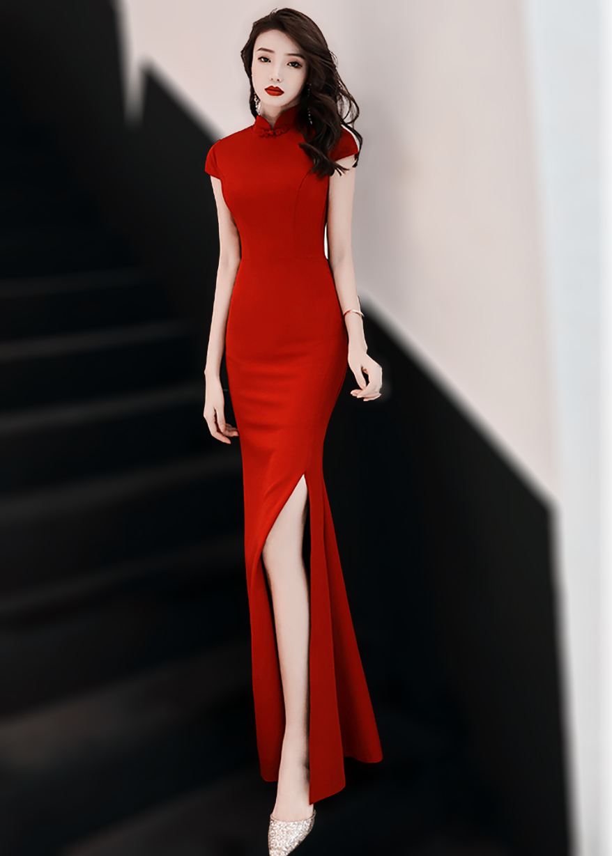 เดรสยาวออกงานคอจีน ทรงเข้ารูปแซ่บบบ ใส่ออกงานตีมจีน