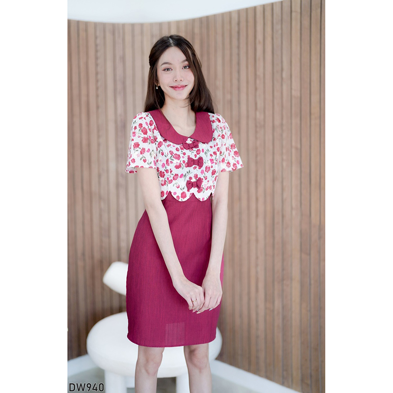 kudapy เดรสสั้นสีเขียว/สีแดง/สีฟ้า ผ้าทอแต่งโบว์ สวยใส่ออกงานดูดีน่ารักมากๆ