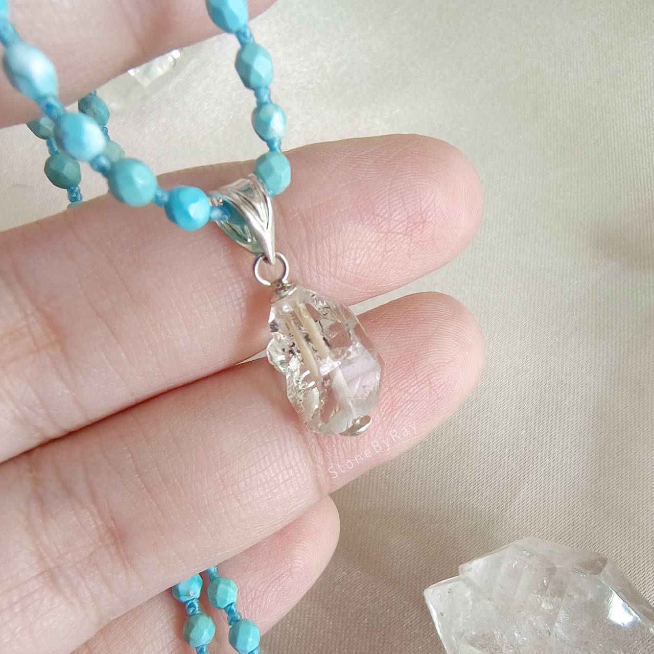 สร้อยคอเชือกถักหินเทอร์ควอยส์กับจี้คริสตัลเฮอร์คิเมอร์ Turquoise+Herkimer Diamond