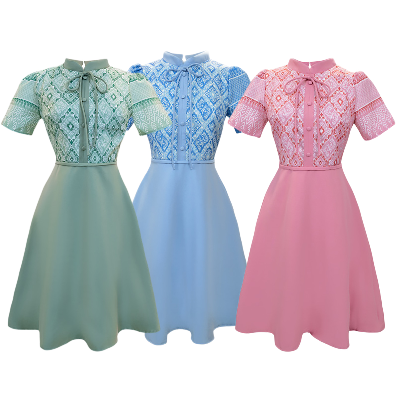 kudapy เดรสสั้นสีฟ้า/สีชมพู/สีเขียว เสื้อลายผ้าทอผูกโบว์กระโปรงเรียบ