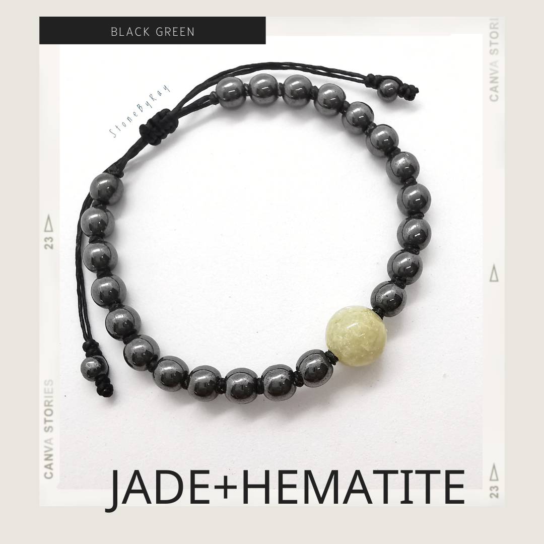 สร้อยข้อมือเชือกถักหินหยกกับเฮมาไทต์ Jade+Hematite