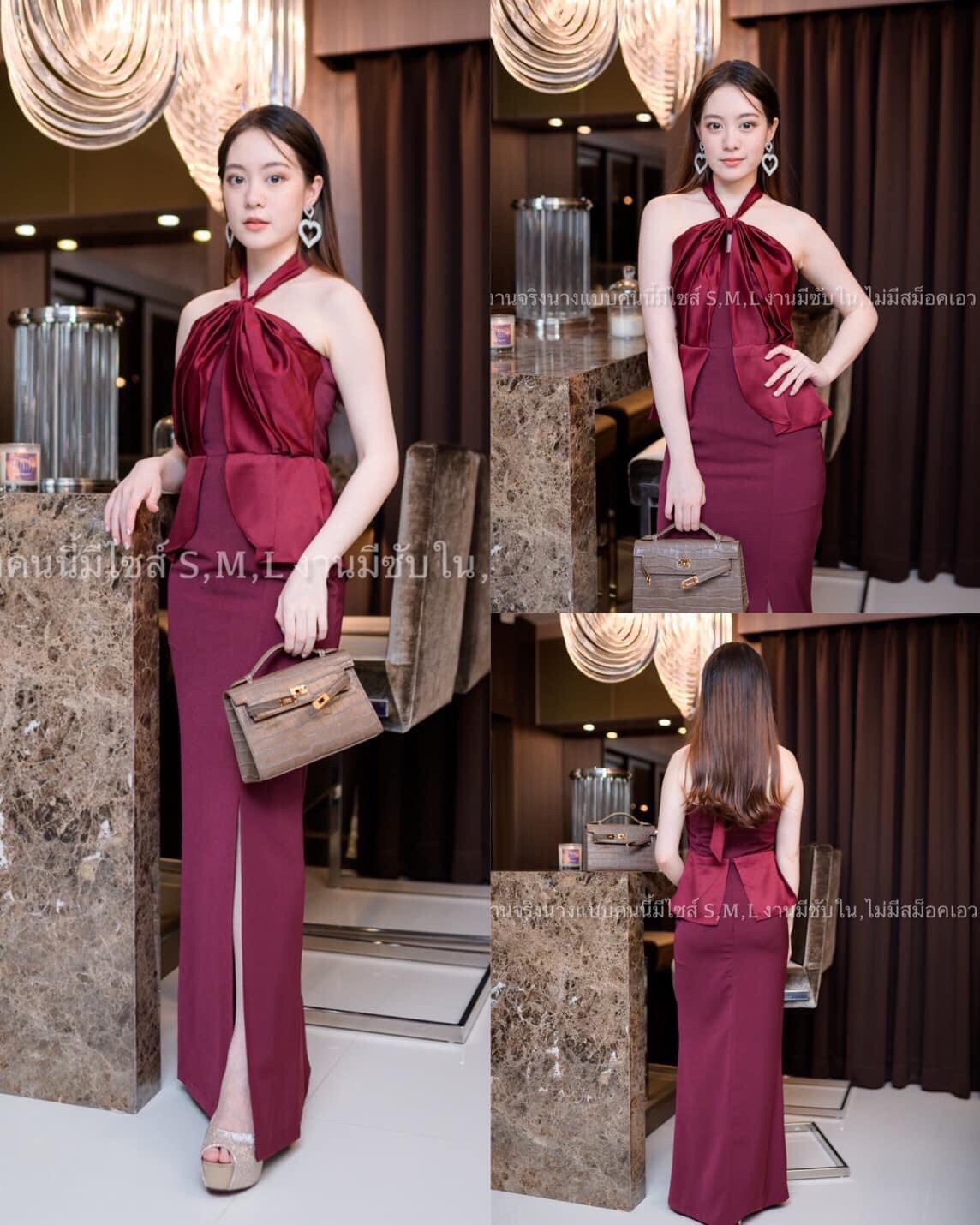 kudapy ชุดราตรียาวทรงเกาะอก มีสายคล้องคอตามแบบ สีแดงเลือดหมู,สีไวน์แดง