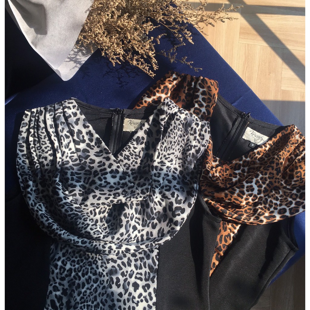 kudapy เดรสสั้นลายเสือแขนกุด สีน้ำตาล สีดำ กระโปรงทรงตรง ผ้ายืดหยุ่น