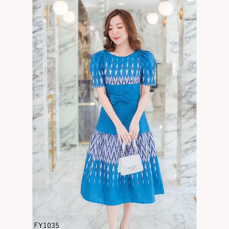 kudapy เดรสผ้าไทยยาวคลุมเข่าสีกรม/สีชมพู คอกลมแขนตุกตา ติดโบว์รัดเอวลายไทยสวยใส่สบายดูดี ซับหลังอย่างดี