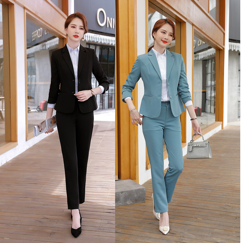 kudapy ชุดสูททำงานสีดำ/สีฟ้า ปกป้านแต่งกระดุมคู่พร้อมกางเกง