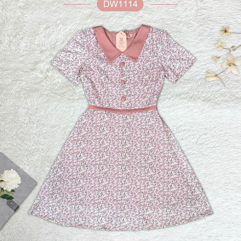 kudapy เดรสสั้นสีชมพู/สีม่วง/สีเขียว คอปกทรงบานลายดอก ใส่สบายสวยดูดี