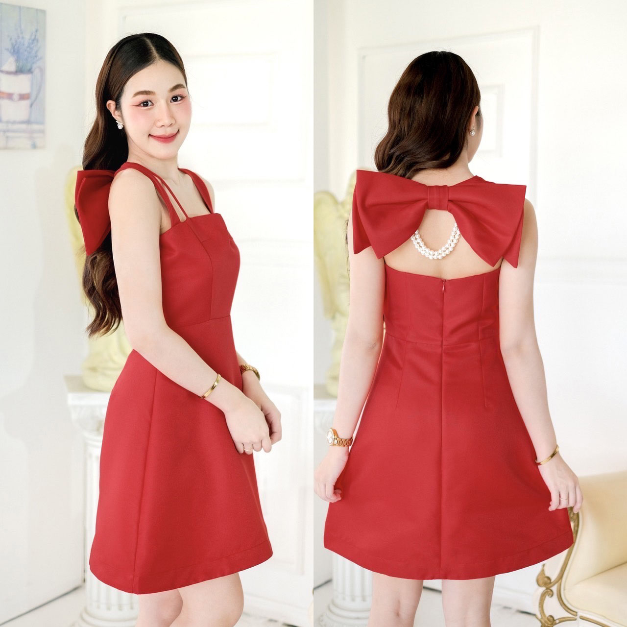 kudapy เดรสสั้นสีแดง ชมพูพาสเทล ทอง ขาว เทา ออกงาน สไตล์เวียดนาม ดีเทลคล้องคอ โบว์ใหญ่ แต่งสายมุก2เส้น สวย หวาน คุณหนู