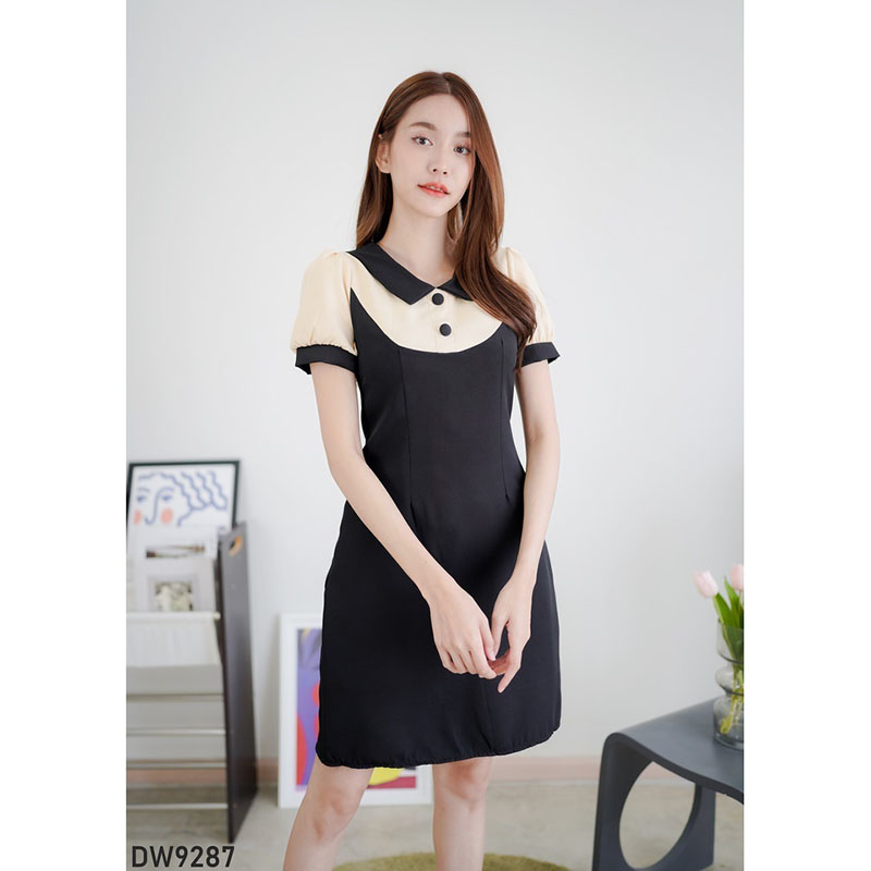 kudapy เดรสสั้นสีส้ม/สีดำ/สีแดง ทูโทนแขนจั๊ม สวยดูดี ใส่ทำงาน ออกงาน