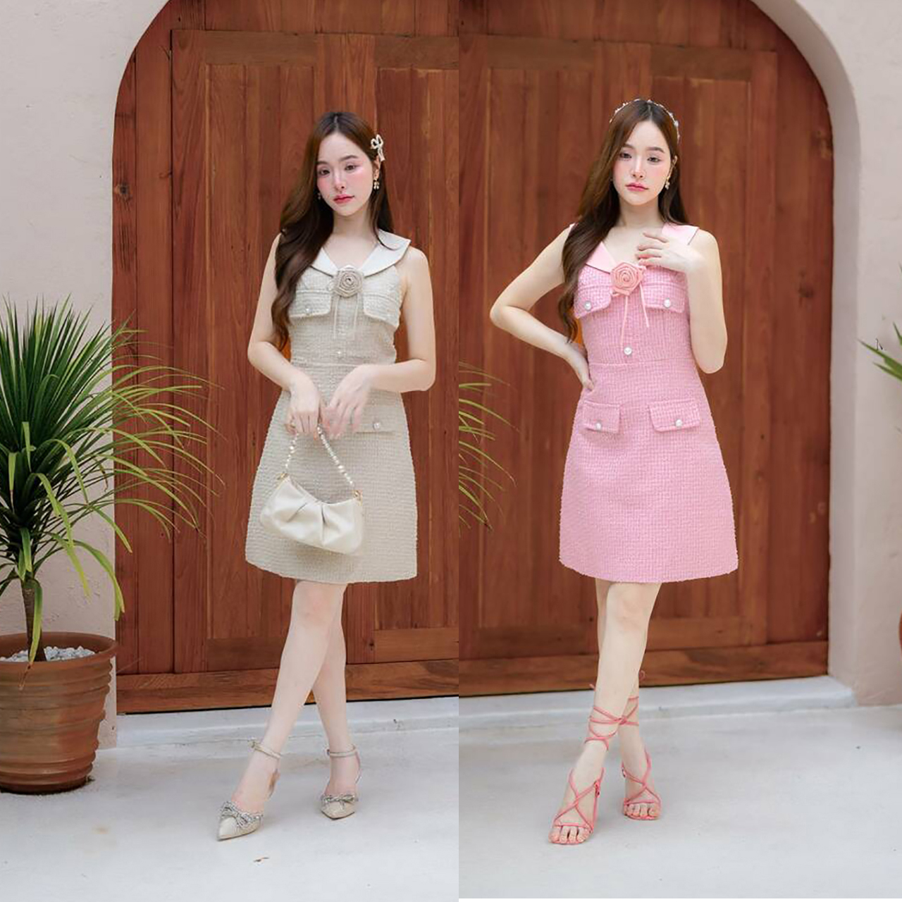 kudapy เดรสสั้นสีชมพู/สีครีม คอปกแต่งโบว์ดอกไม้ผ้าทวิต