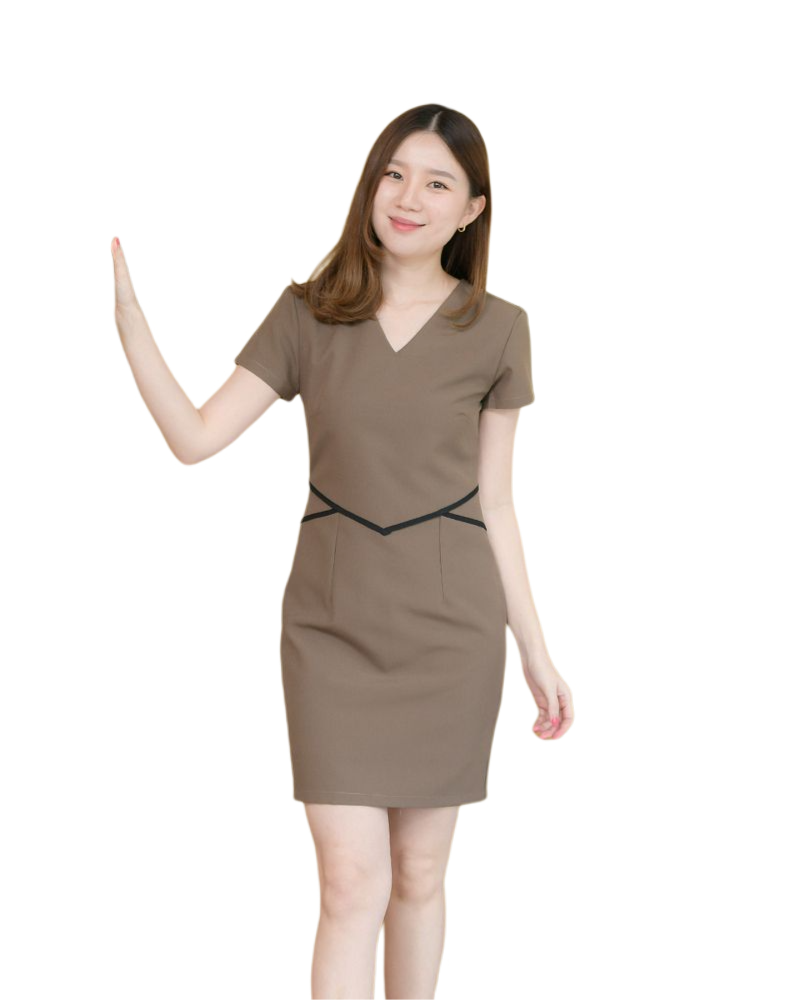 เดรสสั้นคอวี แขนสั้นสีกรมท่า,สีแดงเลือดหมู, สีดำ, สีน้ำตาล ,สีม่วง แต่งลายที่เอว เดรสทำงานทรงสวย งานดีมาก ซิบหลัง ซับใน