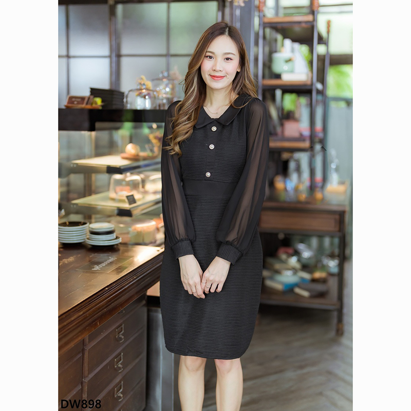 kudapy เดรสสั้นสีขาว/สีดำ/สีชมพู คอปกแขนยาวแต่งกระดุม