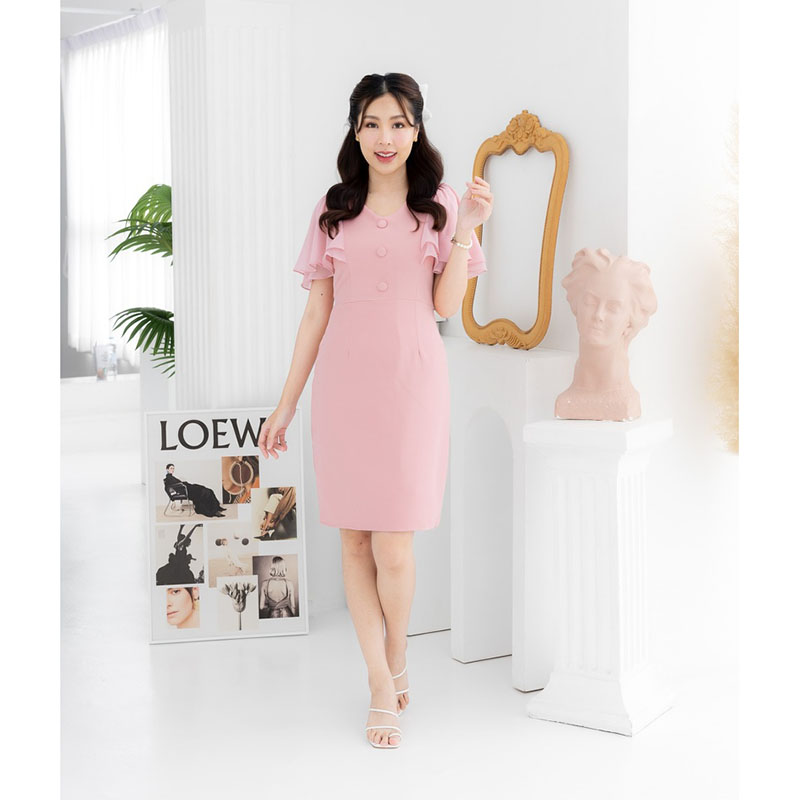 kudapy เดรสสั้นสีม่วง/สีชมพู/สีกรม สทรงเข้ารูป แต่งผ้าชีฟองช่วงแขน คอวี สีสุภาพซิปซ่อนด้านหลัง