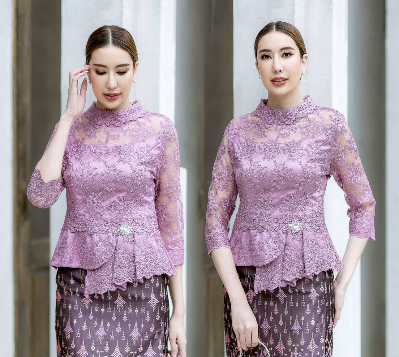 kudapy เสื้อลูกไม้สีครีมแขนยาว ทรงคอจีน จับจีบเอวระบาย