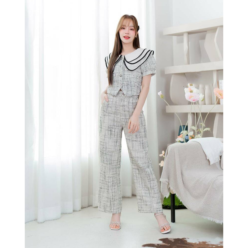 kudapy เซ็ทขายาวสีขาว ผ้าทวิตคอปก3ชั้น ลายผ้าสวยใส่สบายตัว