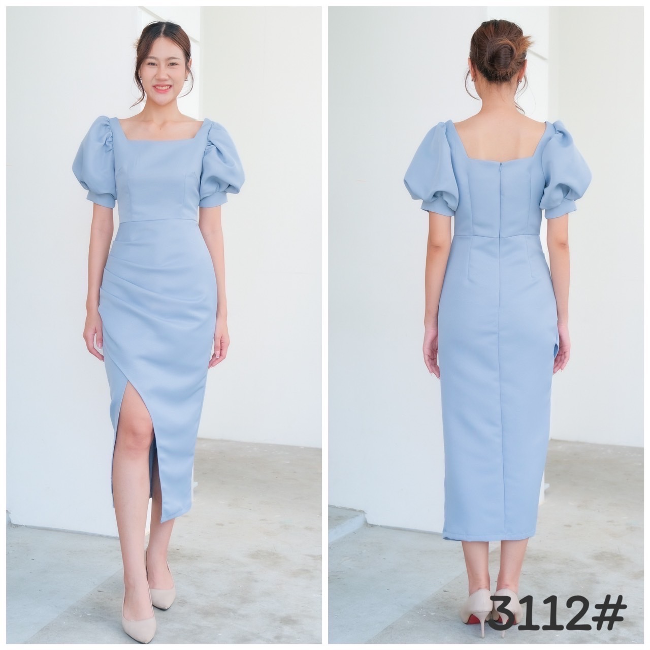 kudapy เดรสขอเหลี่ยม แขนพอง ตุ๊กตา จับจีบเอว-สะโพก กระโปรงทรงสอบ เก็บทรง ดีเทลกระโปรงป้ายผ่าข้าง