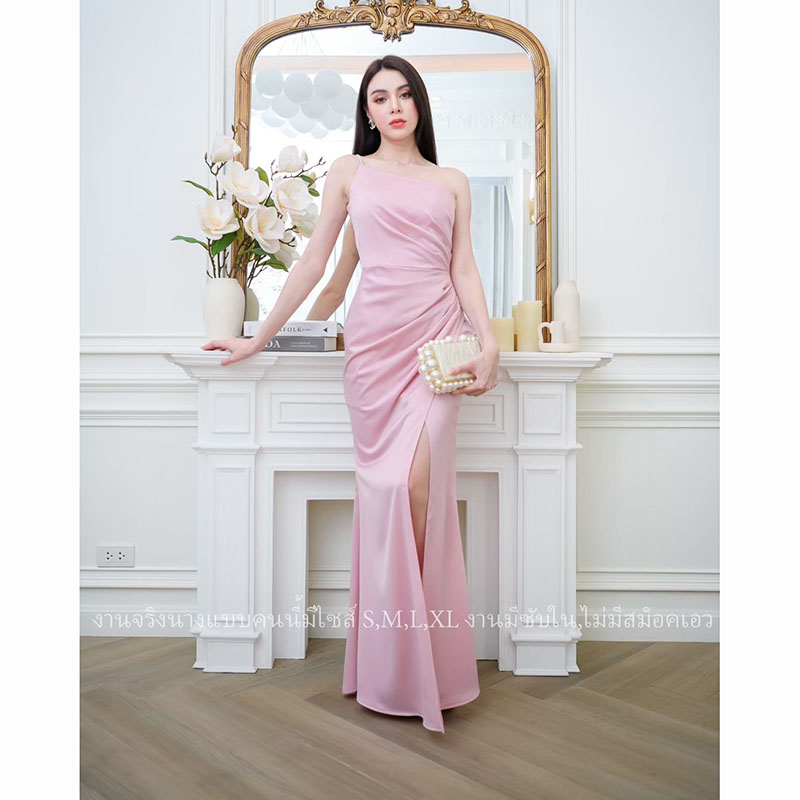 kudapy เดรสยาวสีกรม/สีน้ำตาลอิฐ/สีไวน์แดง/สีชมพูกรีบบัวชุดราตรีพรีเมี่ยมเกรด แต่งไหล่เดียวสายเพชร ใส่ออกงาน หรือยกตีมเพื่อนเจ้าสาว