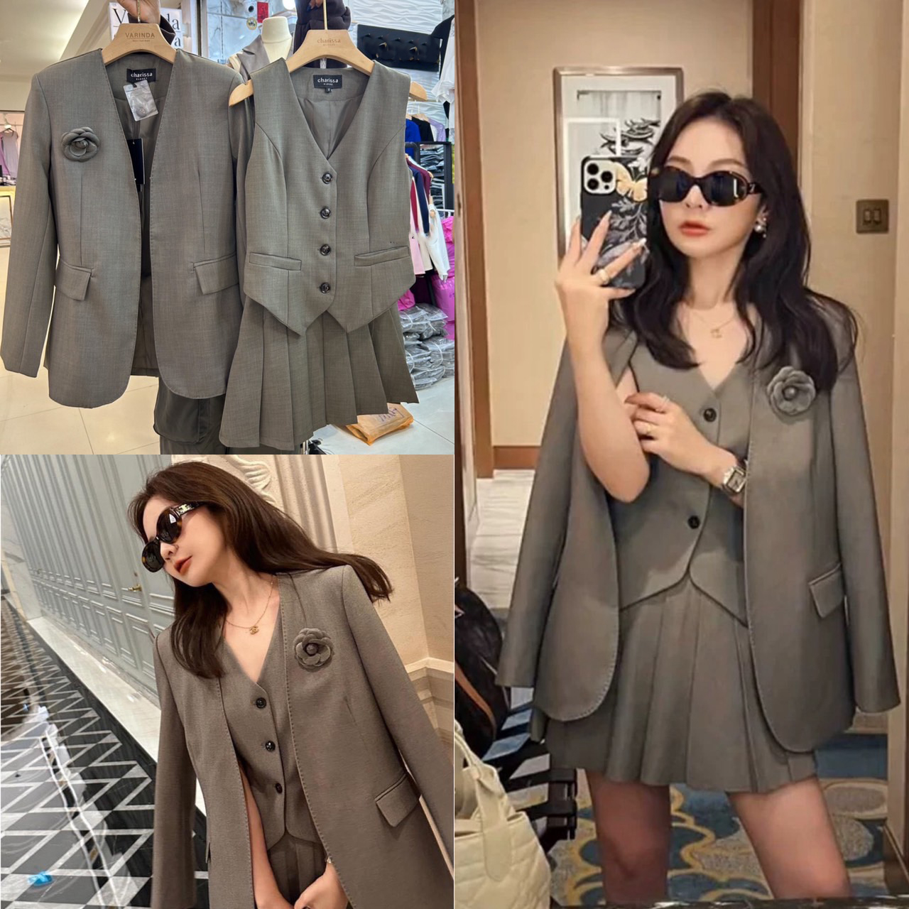 kudapy เซ็ท 4 ชิ้น เสื้อสูท+เสื้อ vestด้านใน +กระโปรง(กางเกงเป็นซับใน)+เข็มกลัดดอกไม้ ตัวเสื้อสูทมีซับในอย่างดี